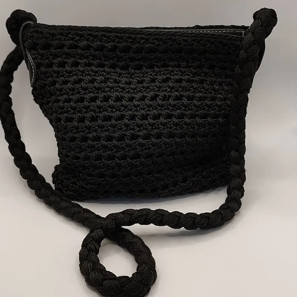 Luxy Black Crochet and Leather Shoulder Bag